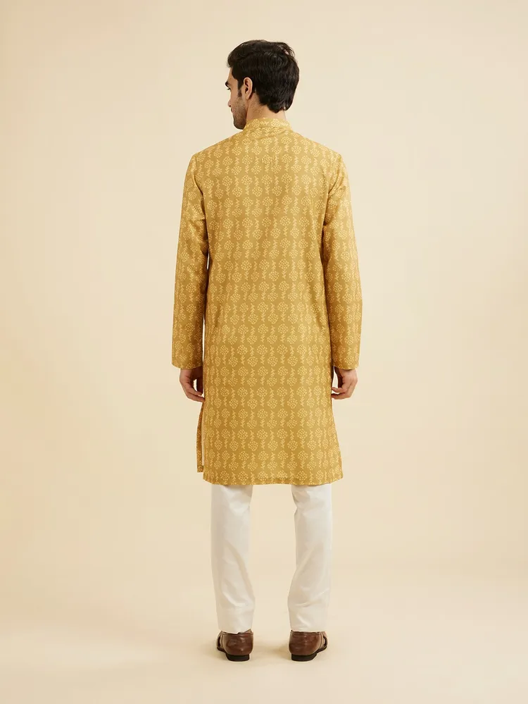 Manyavar Mustard Yellow Self Floral Motifs Printed Kurta for Men