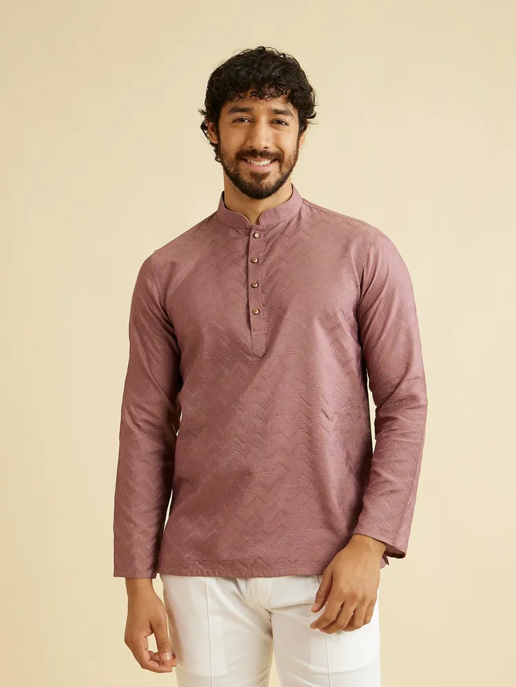 Manyavar Dusty Pink Chevron Patterned Short Kurta for Men