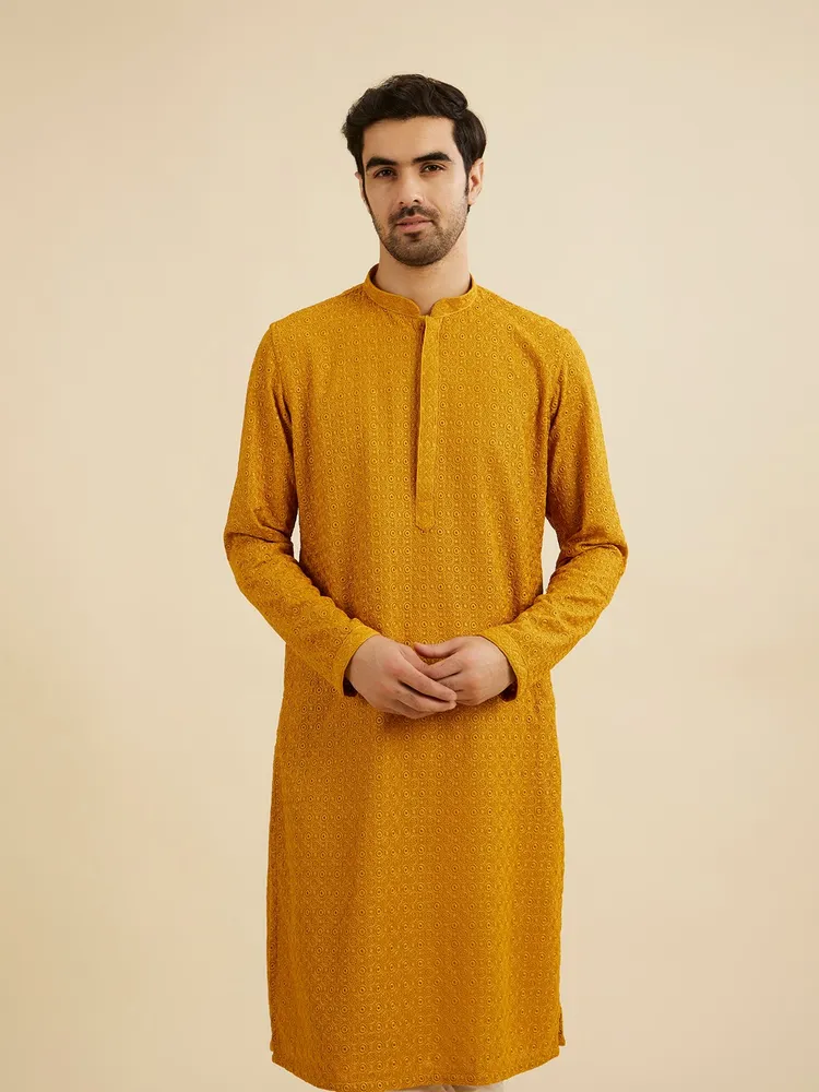 Manyavar Mustard Yellow Chikankari Kurta Set for Men
