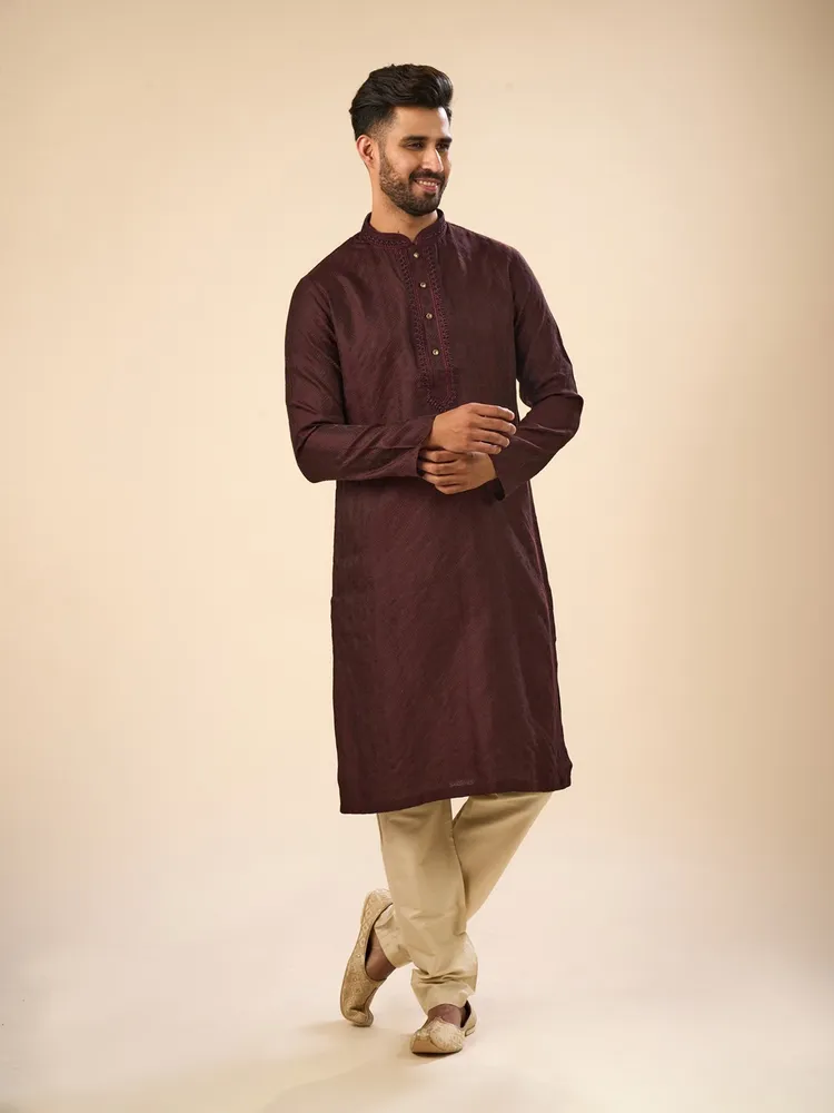 Manyavar Gleaming Wine Kurta Pajama for Men