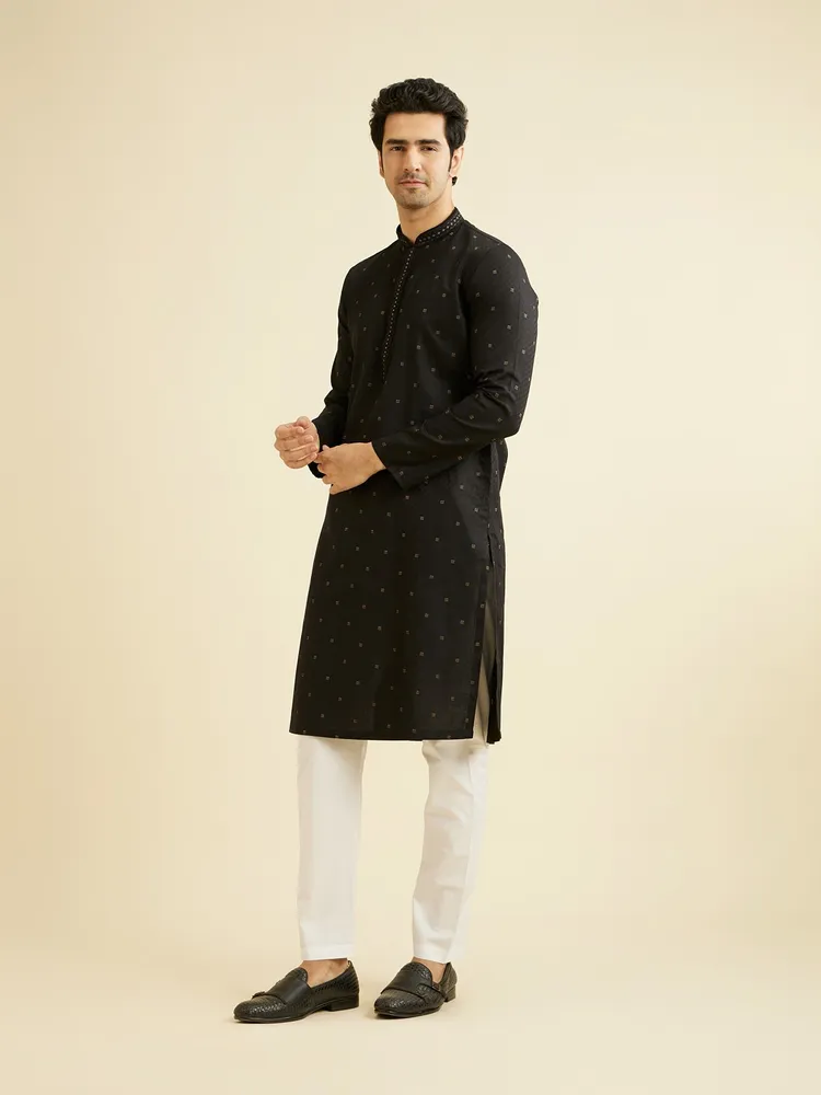 Manyavar Ebony Black Kurta Set with Embroidered Neckline for Men
