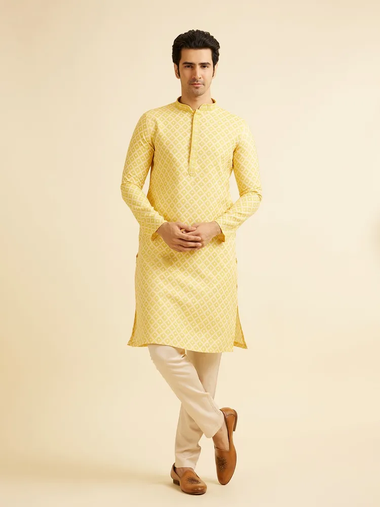 Manyavar Yellow Grid Patterned Kurta Set for Men