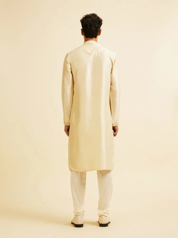 Manyavar Beige Buta Embroidered Kurta Set for Men