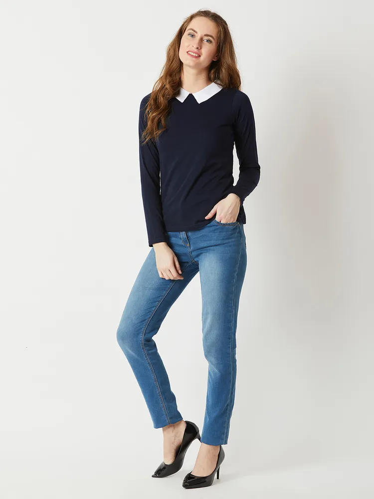Miss Chase Women's Navy Blue Collared Top
