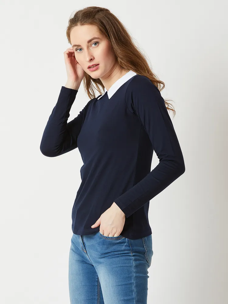Miss Chase Women's Navy Blue Collared Top