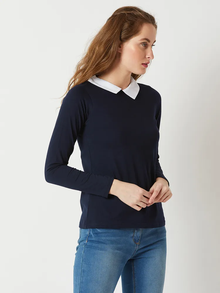 Miss Chase Women's Navy Blue Collared Top