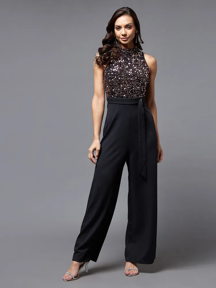 Miss Chase Women's Black & Lavender Embellished Regular Jumpsuit
