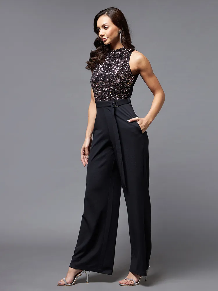 Miss Chase Women's Black & Lavender Embellished Regular Jumpsuit