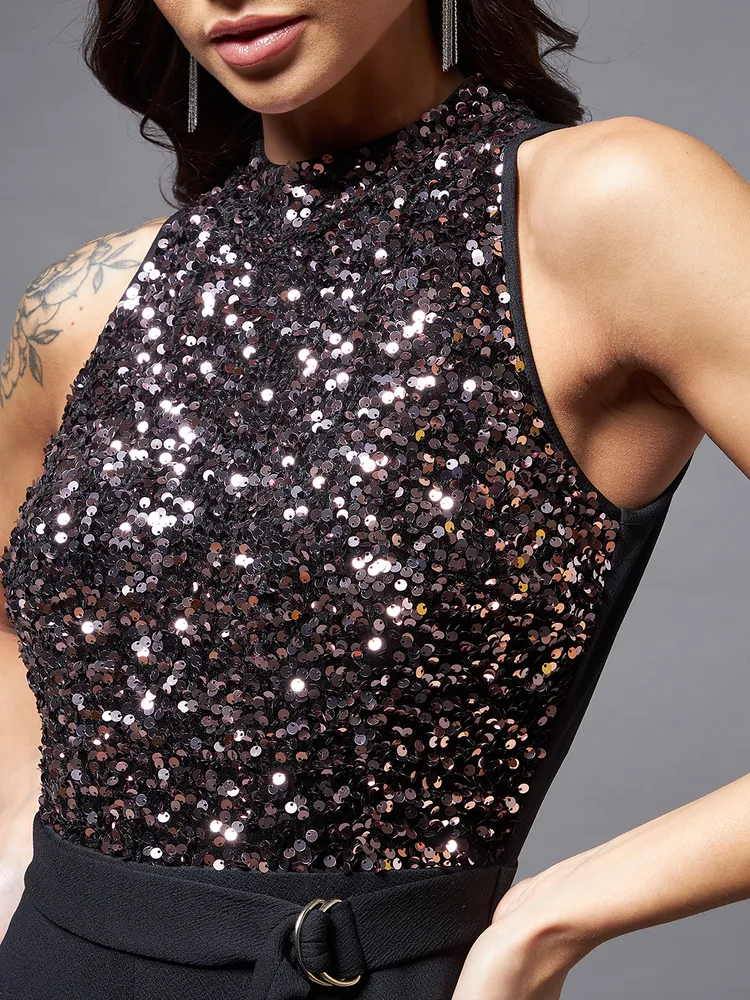 Miss Chase Women's Black & Lavender Embellished Regular Jumpsuit