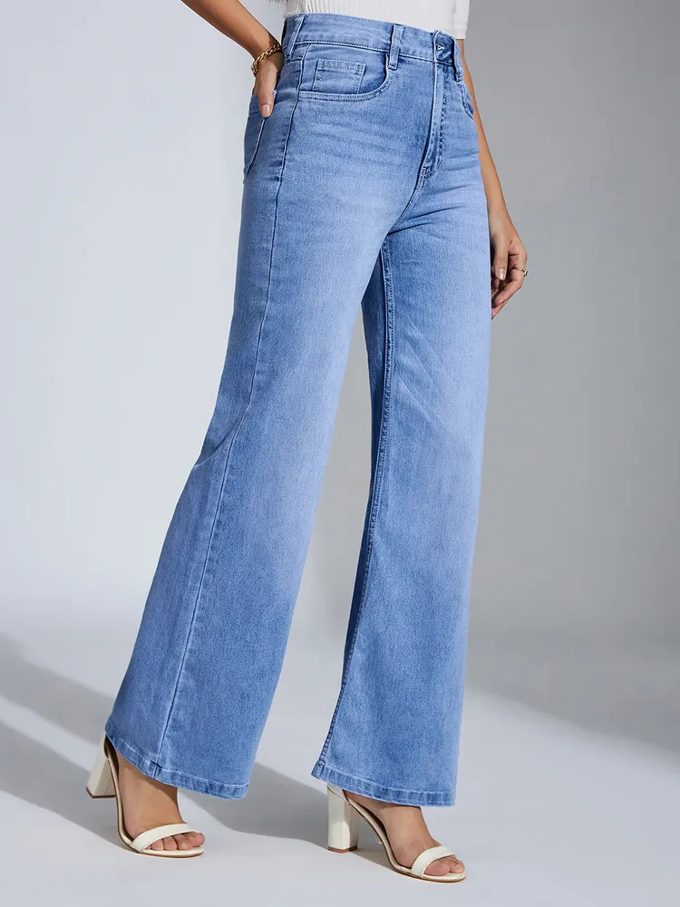 Miss Chase Women's Light Blue Wide-Leg High-Rise Clean-Look Regular-Length Stretchable Shaping Denim Jeans