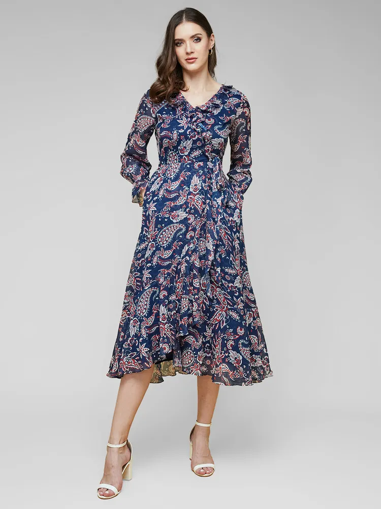 Miss Chase Women's Multicolored-Base-Navy Blue V Neck Full Sleeves Polyester Relaxed Fit Midi Length Dress