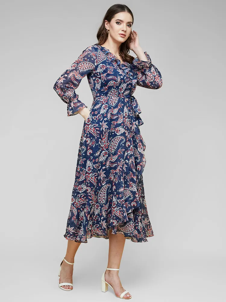 Miss Chase Women's Multicolored-Base-Navy Blue V Neck Full Sleeves Polyester Relaxed Fit Midi Length Dress