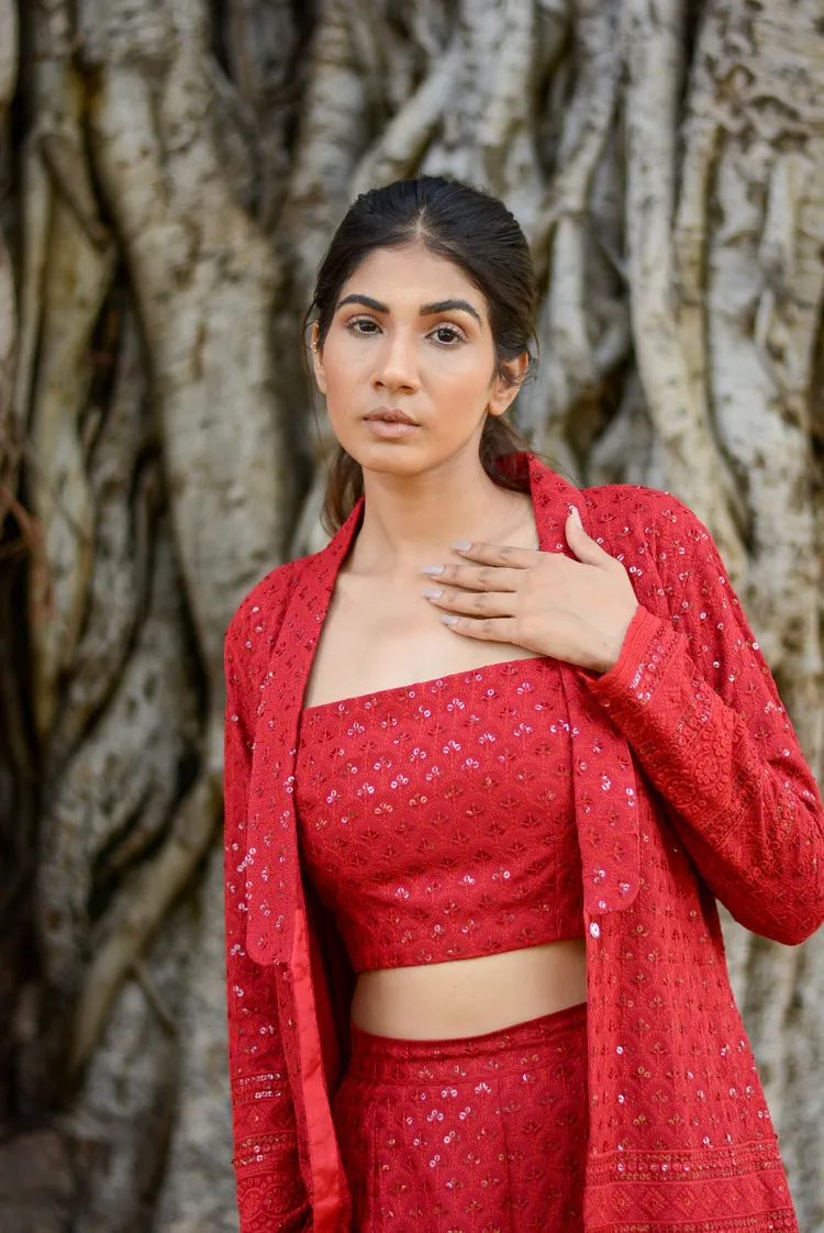 Chikankari Carmine red Three-piece set