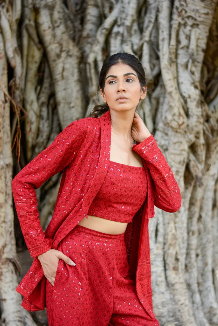 Chikankari Carmine red Three-piece set