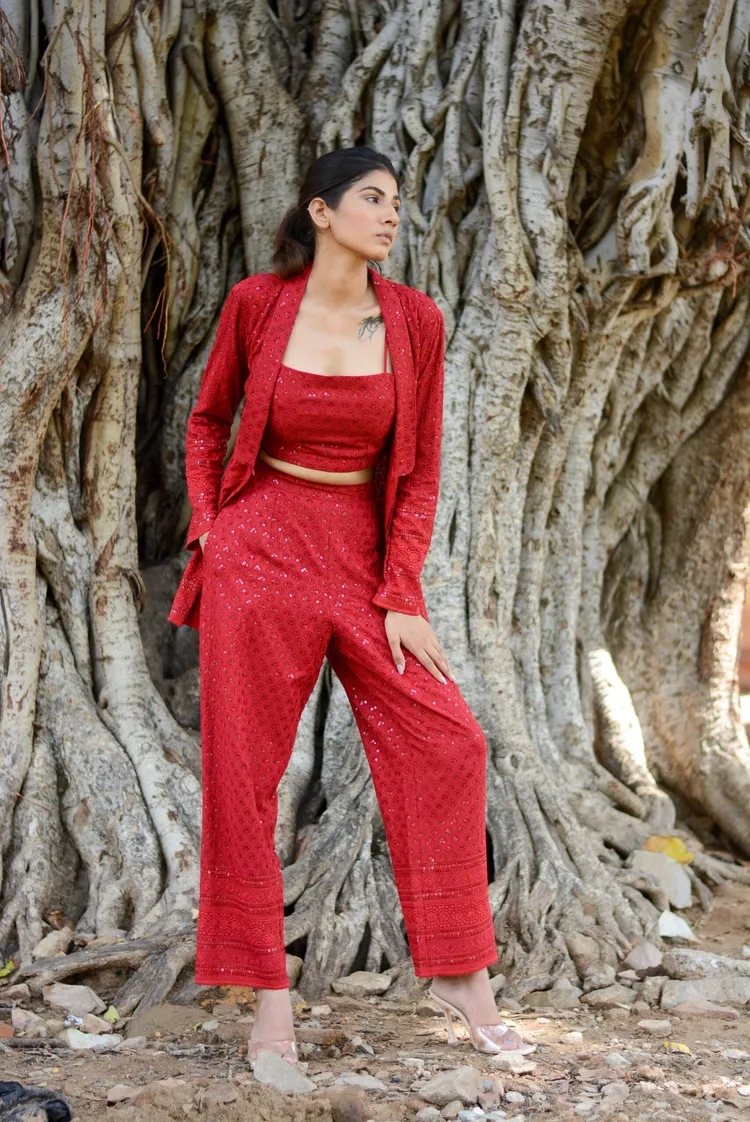 Chikankari Carmine red Three-piece set
