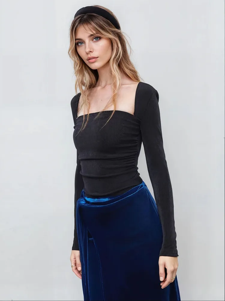 Square Neck Ruched Long Sleeve Top