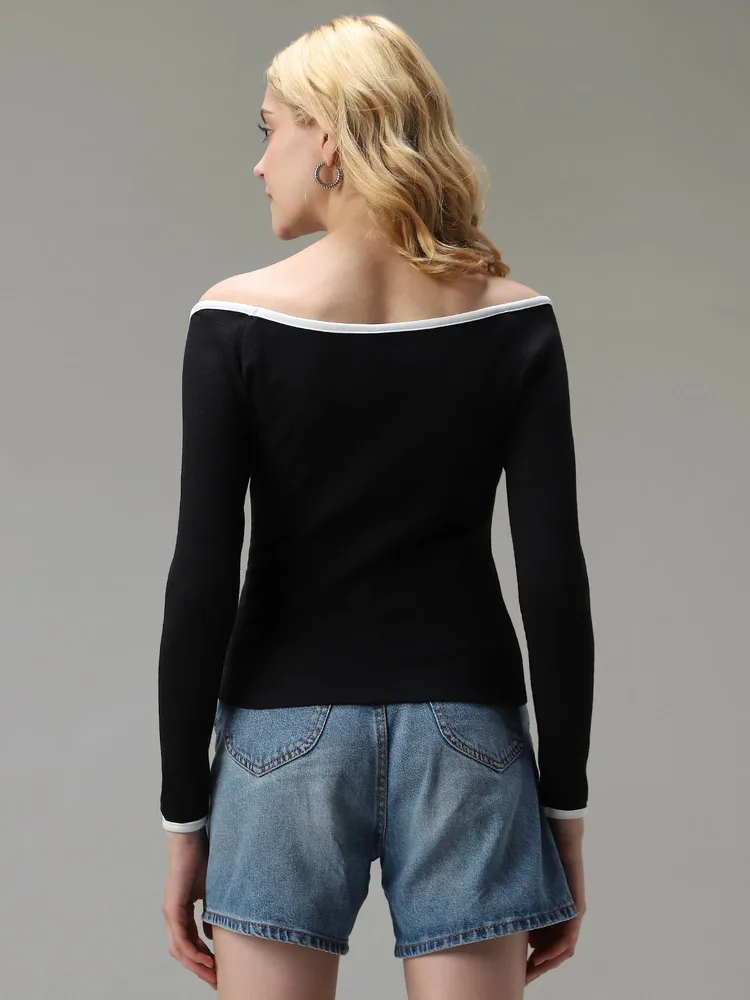 Black Contrast Tipping Ribbed Knit Top