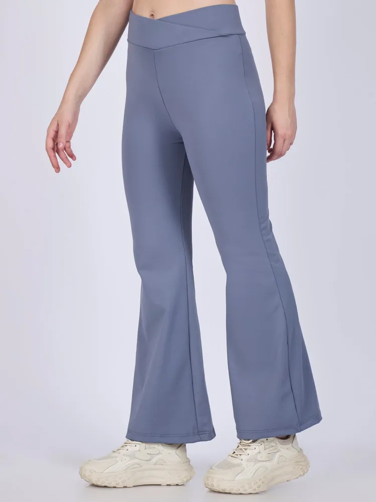 Grey Criss Cross Waist Band Flared Leggigns