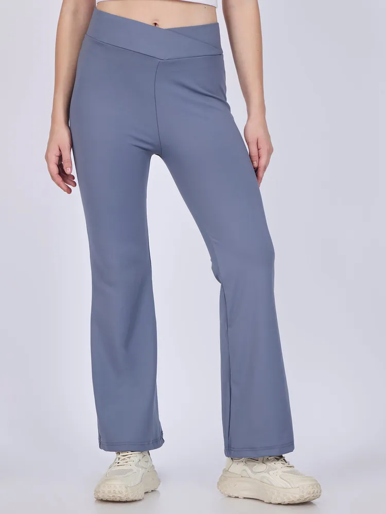 Grey Criss Cross Waist Band Flared Leggigns