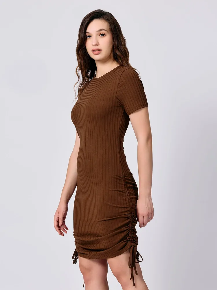 Brown Rib Bodycon Rouched Dress