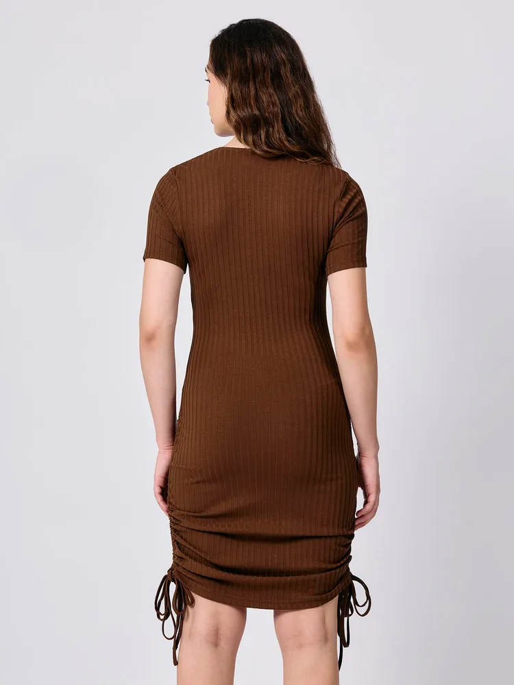 Brown Rib Bodycon Rouched Dress