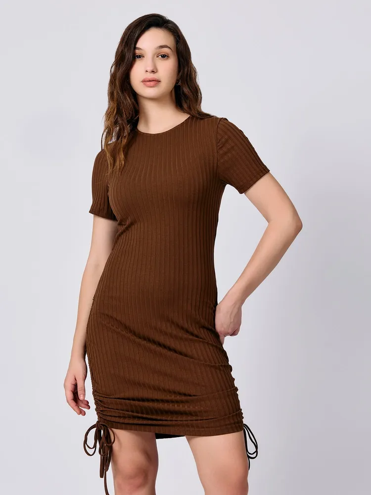 Brown Rib Bodycon Rouched Dress