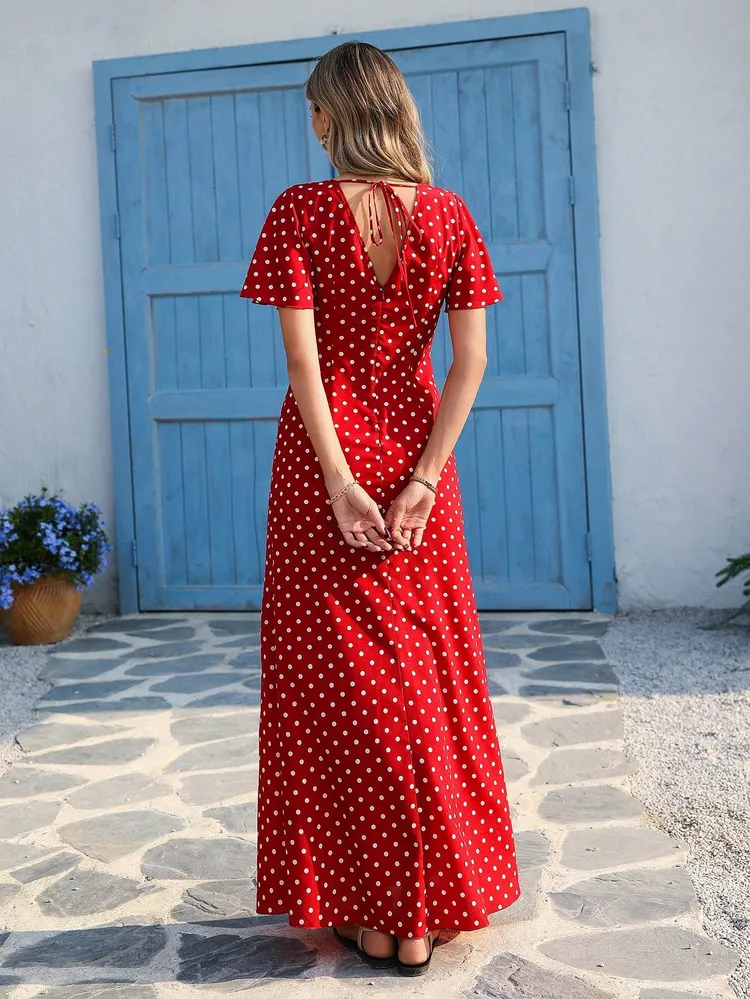 Red V Neck Flared Sleeves Maxi Dress