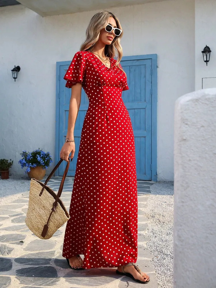 Red V Neck Flared Sleeves Maxi Dress
