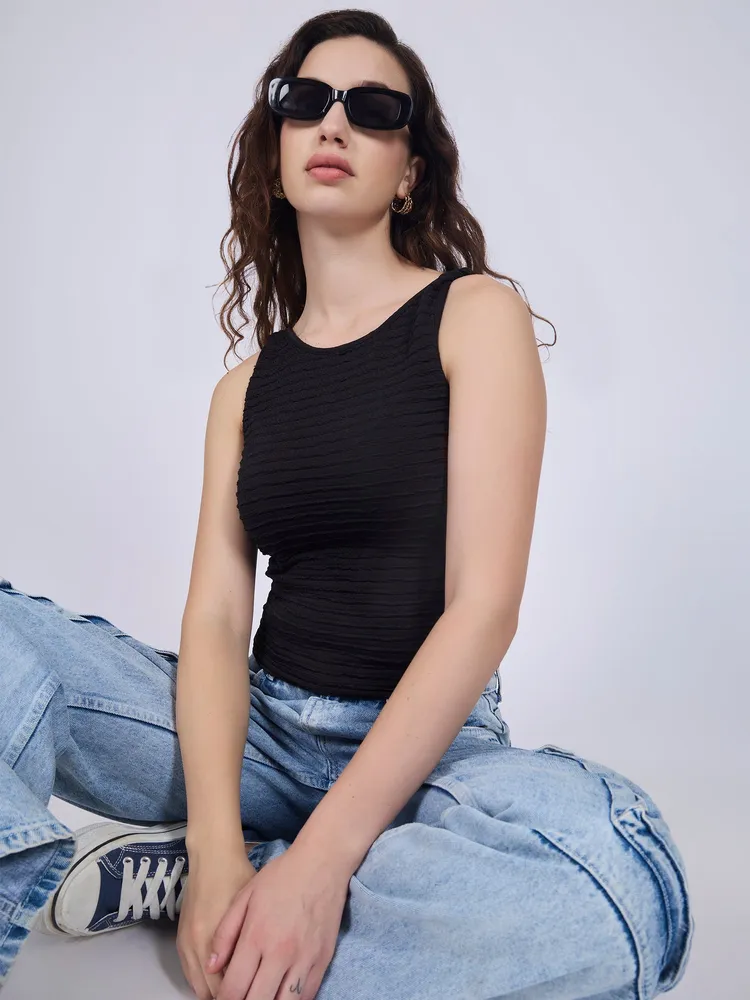 Black Textured Knit Halter Neck Tank Top