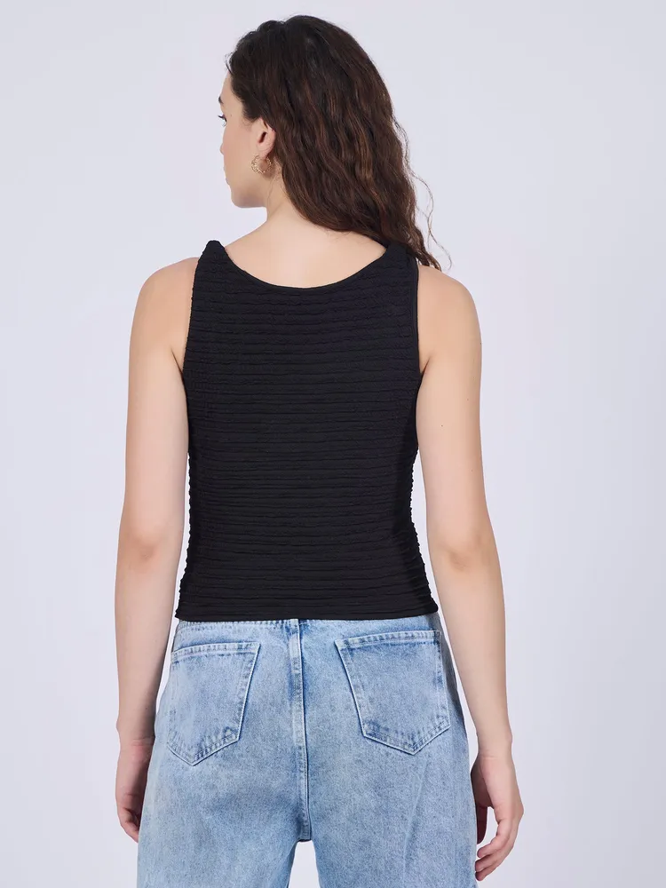 Black Textured Knit Halter Neck Tank Top