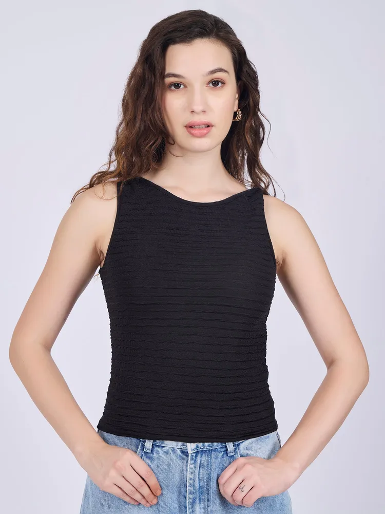 Black Textured Knit Halter Neck Tank Top