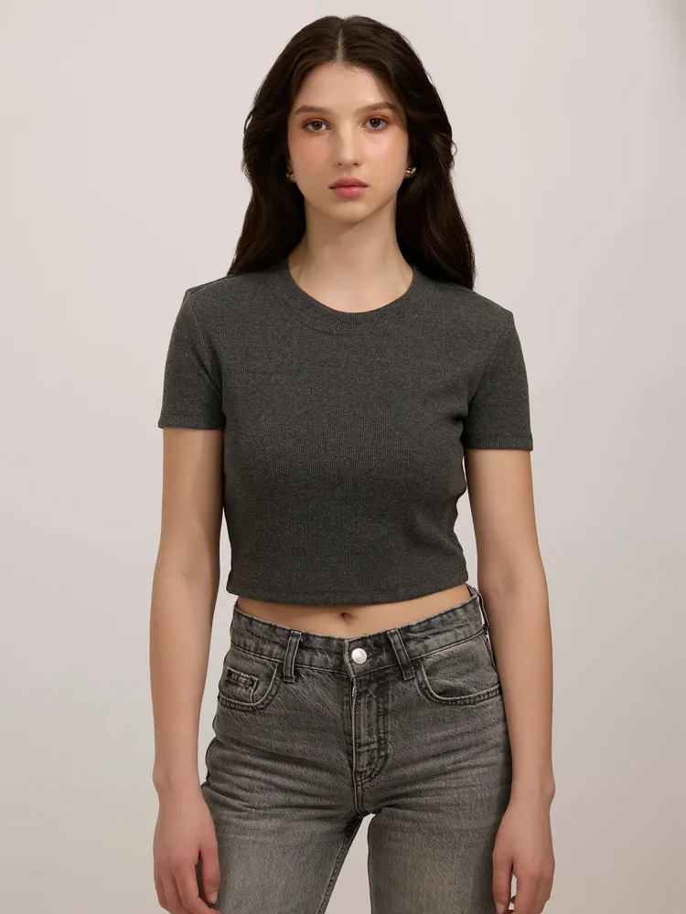Grey Basic Fitted Ribbed Top