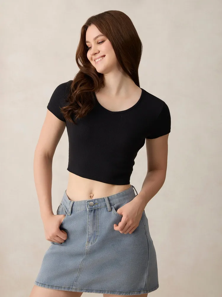 Black Basic Fitted V Neck Ribbed Top