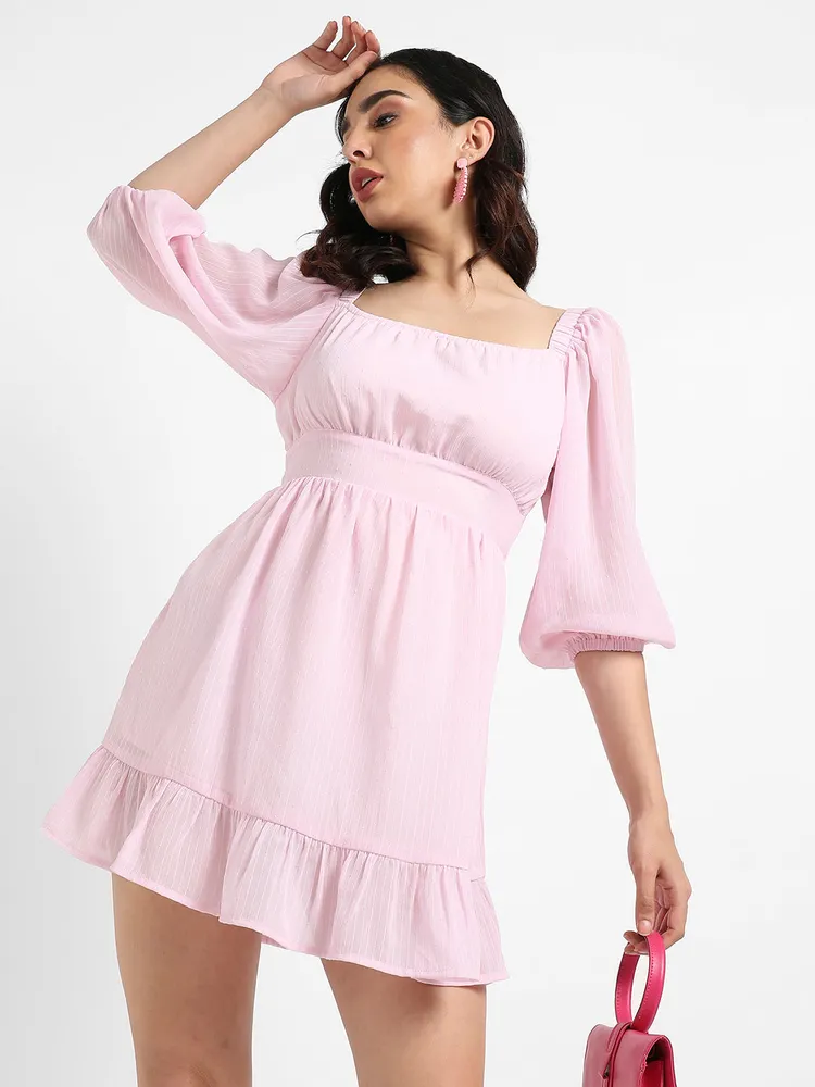 Solid Baby Pink Balloon Sleeve Dress