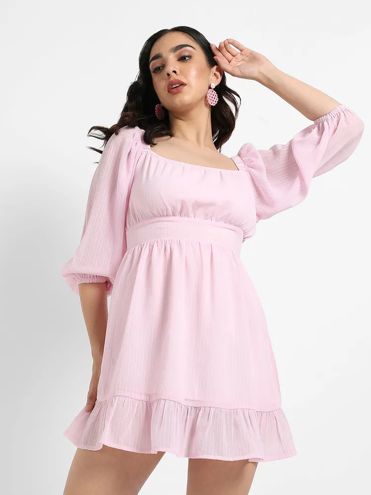 Solid Baby Pink Balloon Sleeve Dress