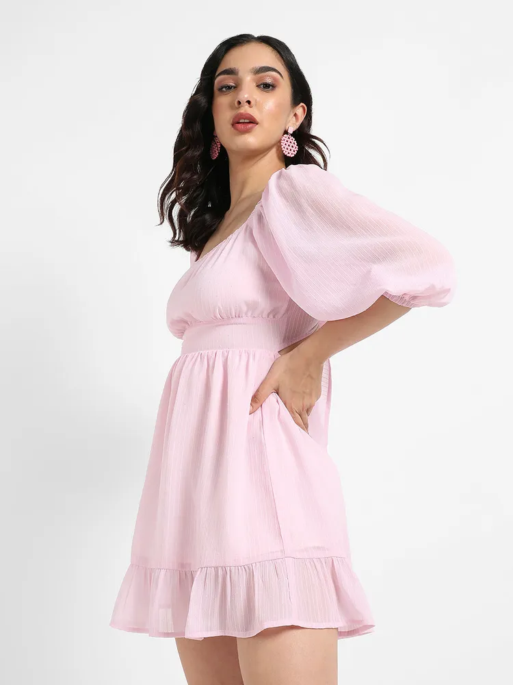 Solid Baby Pink Balloon Sleeve Dress