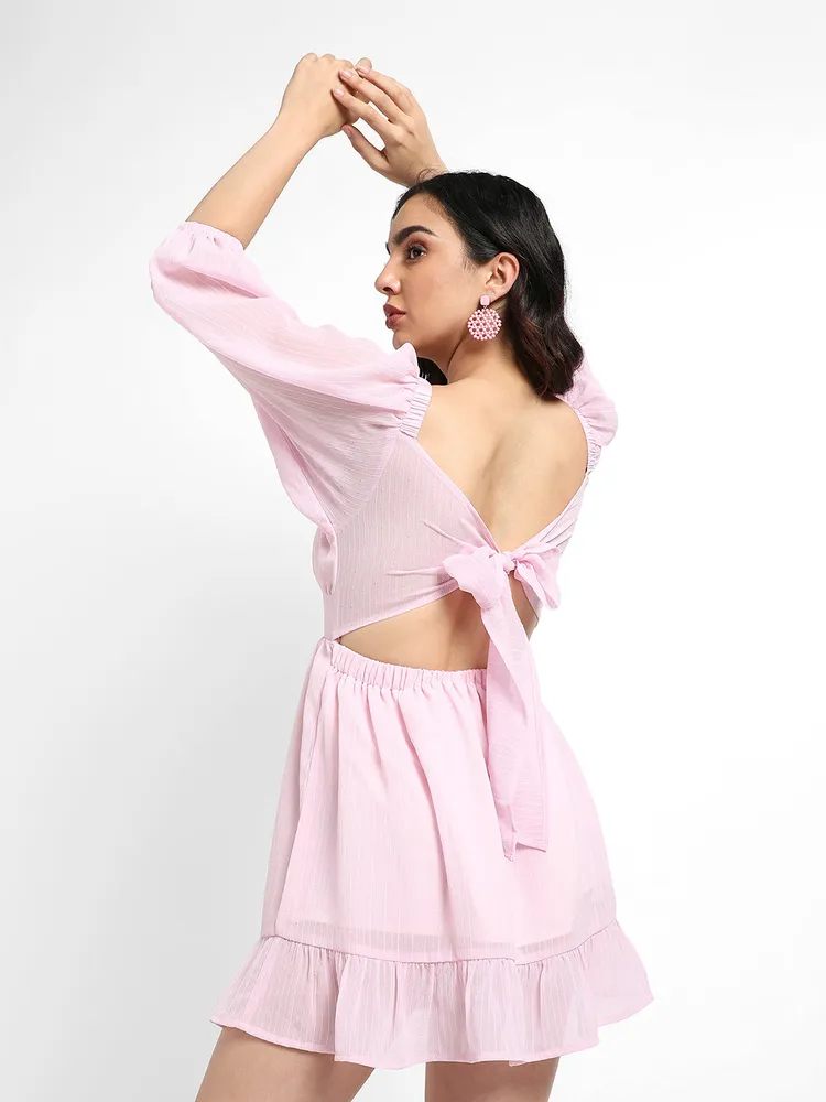 Solid Baby Pink Balloon Sleeve Dress