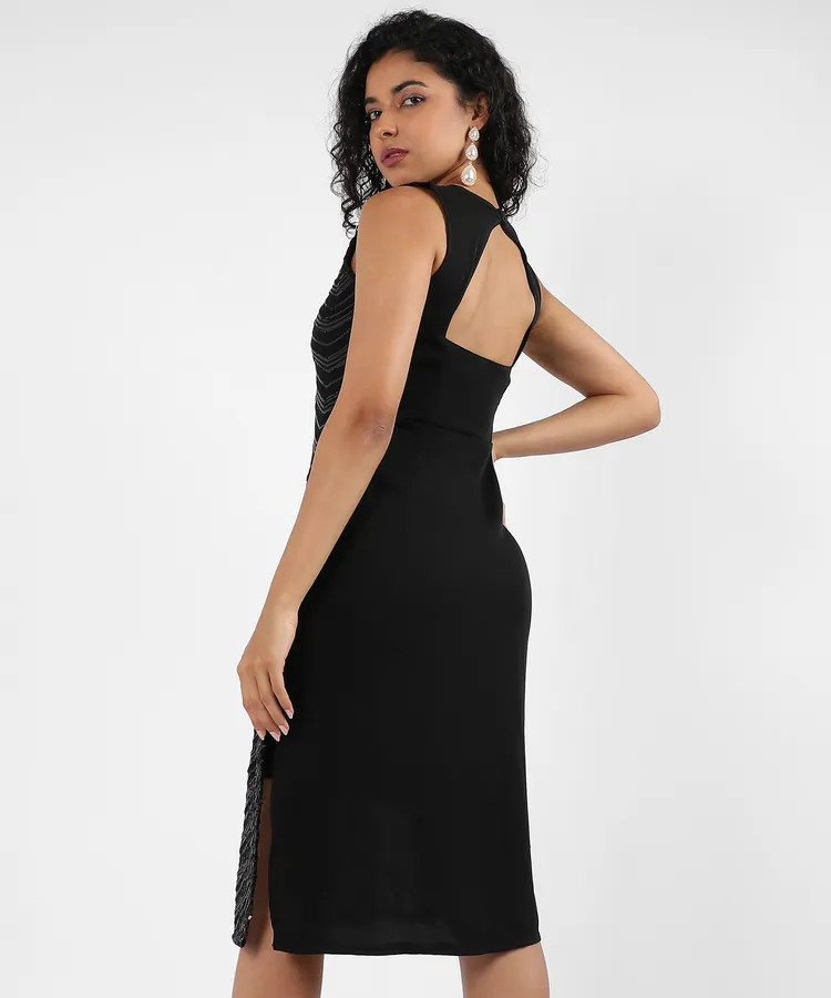 Black Self-Design Dress with Sequin Detail