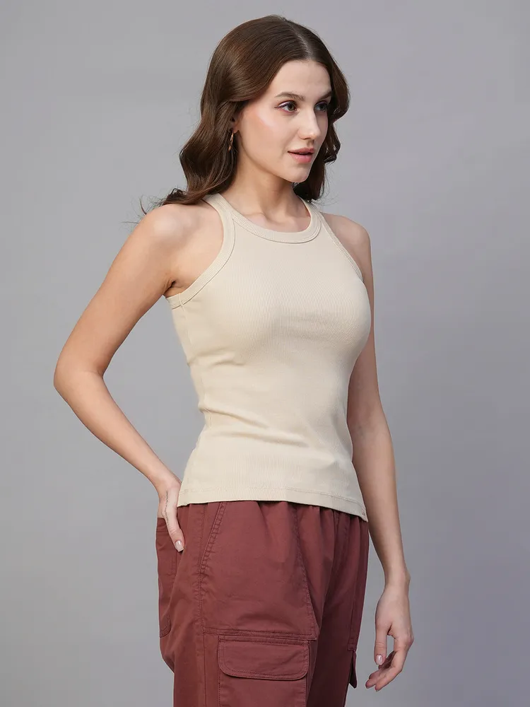 Pronk Ribbed Sleeveless Tank - Beige