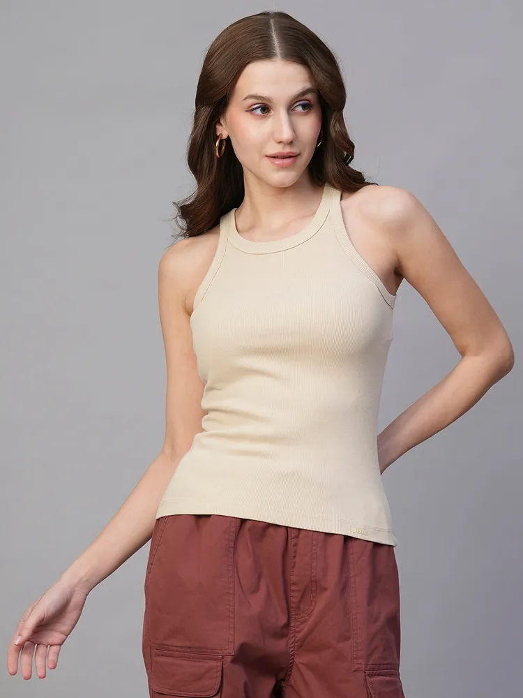 Pronk Ribbed Sleeveless Tank - Beige