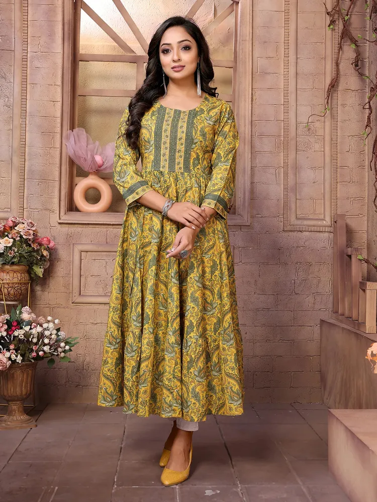 Rangita Women Yellow Cotton Embroidered Calf Length Tiered Flared Kurta
