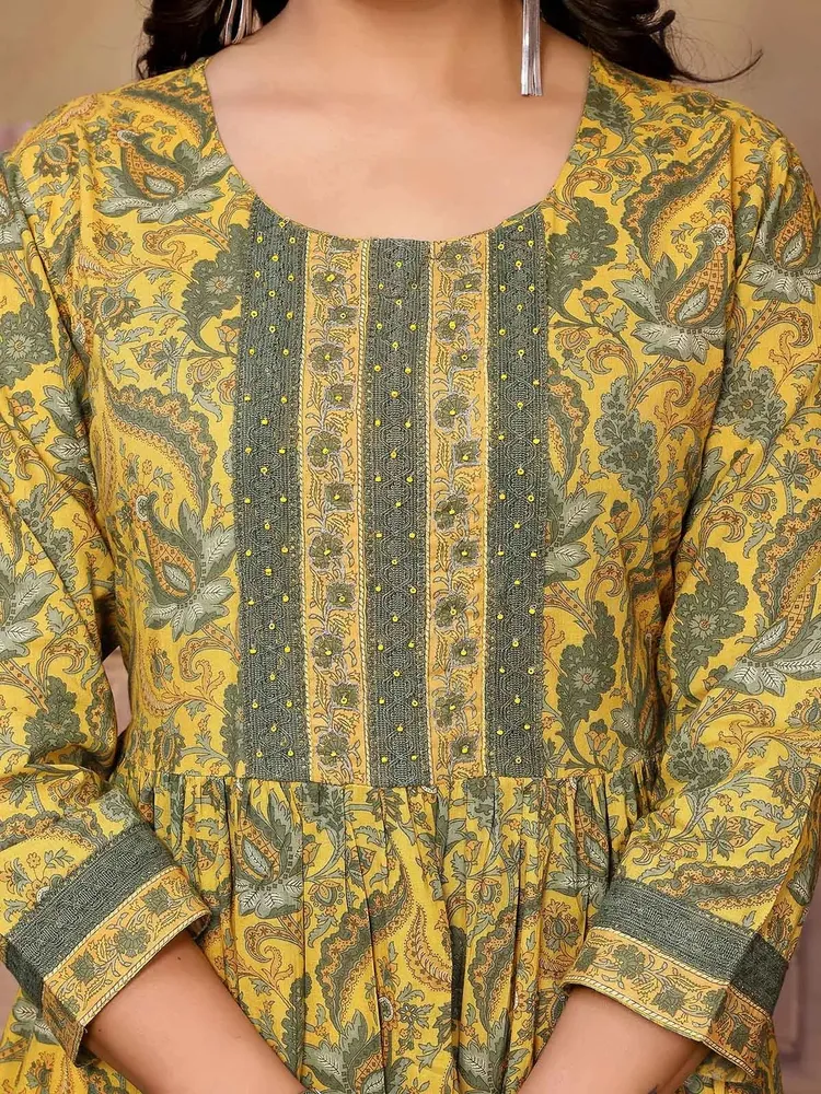 Rangita Women Yellow Cotton Embroidered Calf Length Tiered Flared Kurta