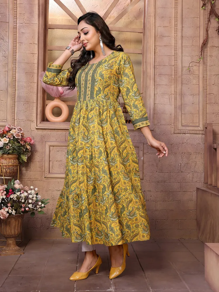 Rangita Women Yellow Cotton Embroidered Calf Length Tiered Flared Kurta