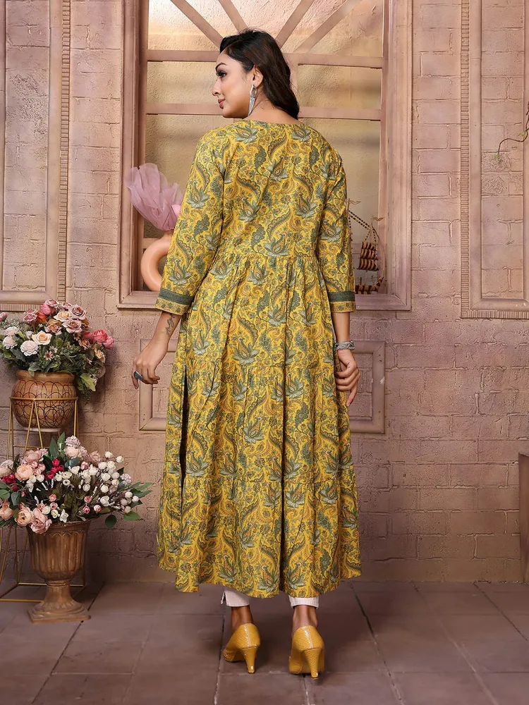 Rangita Women Yellow Cotton Embroidered Calf Length Tiered Flared Kurta