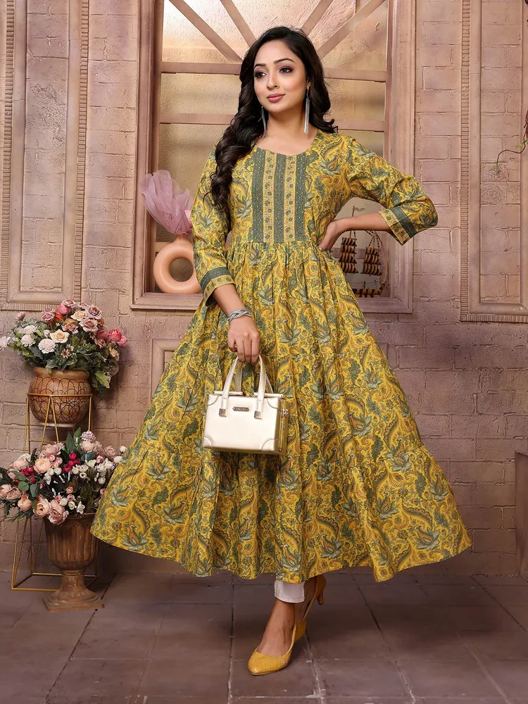 Rangita Women Yellow Cotton Embroidered Calf Length Tiered Flared Kurta