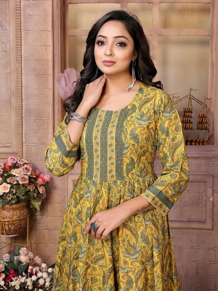Rangita Women Yellow Cotton Embroidered Calf Length Tiered Flared Kurta