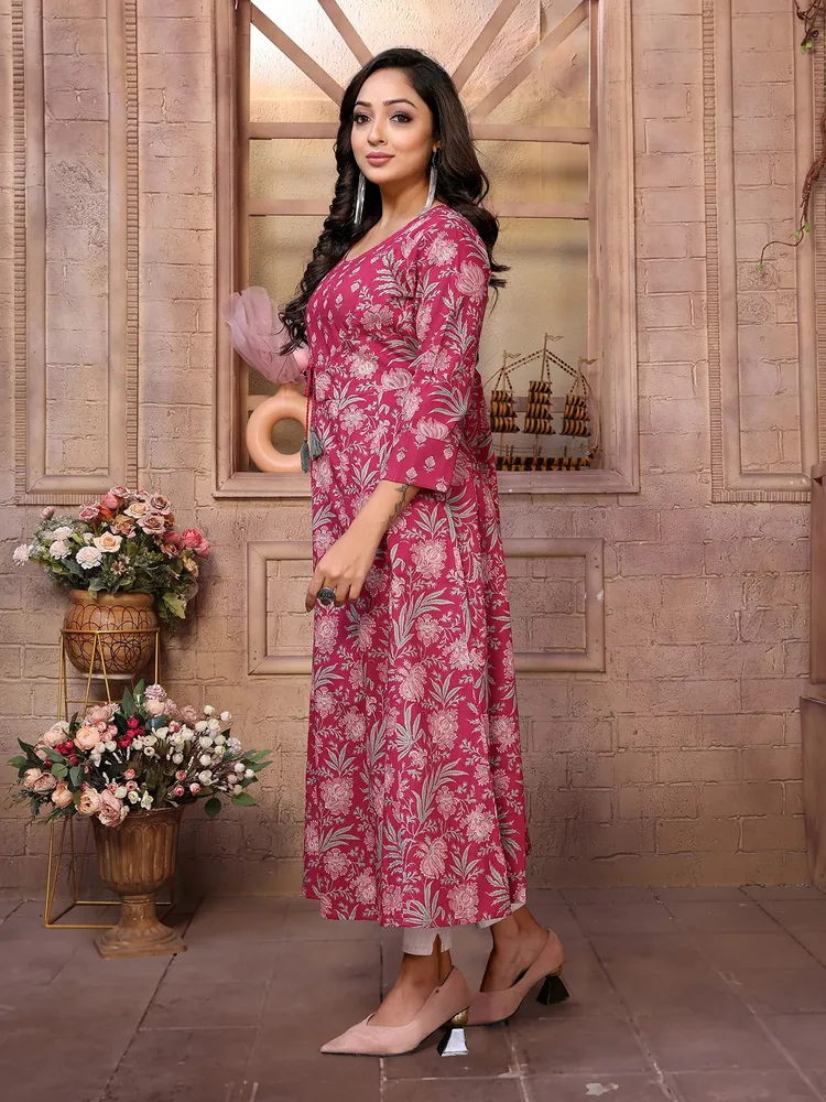 Rangita Women Maroon Cotton Embroidered Calf Length Anarkali Kurta