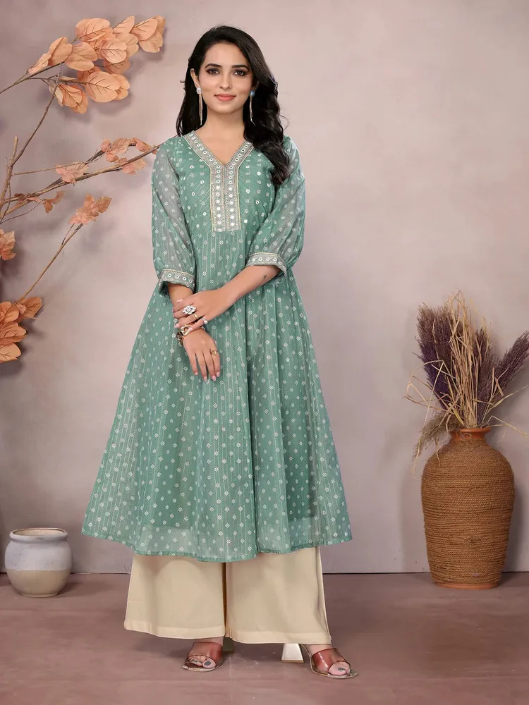 Rangita Women Green Chanderi Embroidered Calf Length Anarkali Kurta