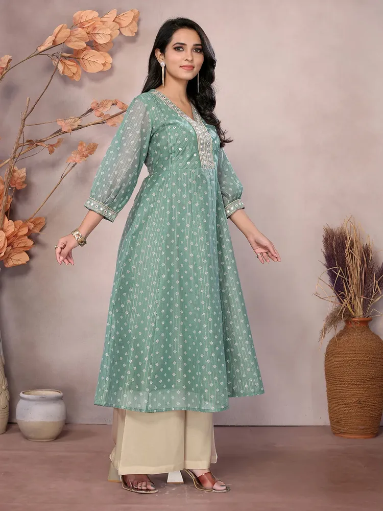 Rangita Women Green Chanderi Embroidered Calf Length Anarkali Kurta