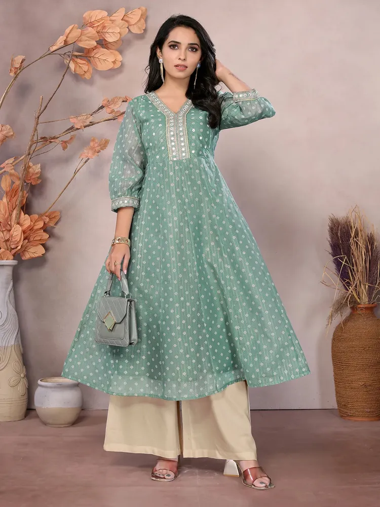 Rangita Women Green Chanderi Embroidered Calf Length Anarkali Kurta